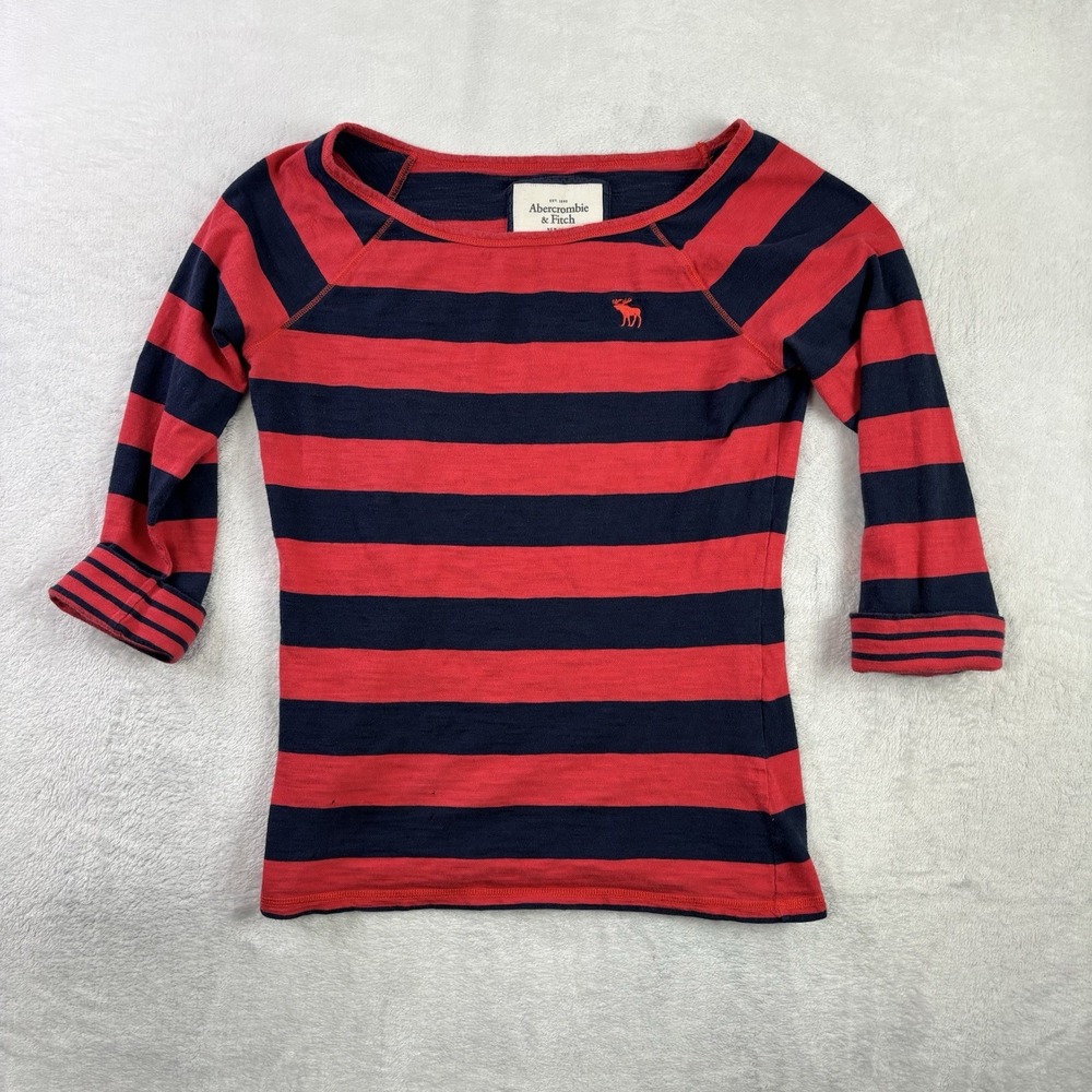 Y2K Abercrombie & Fitch Striped 3/4 Sleeve Shirt Women's Medium Top Distressed